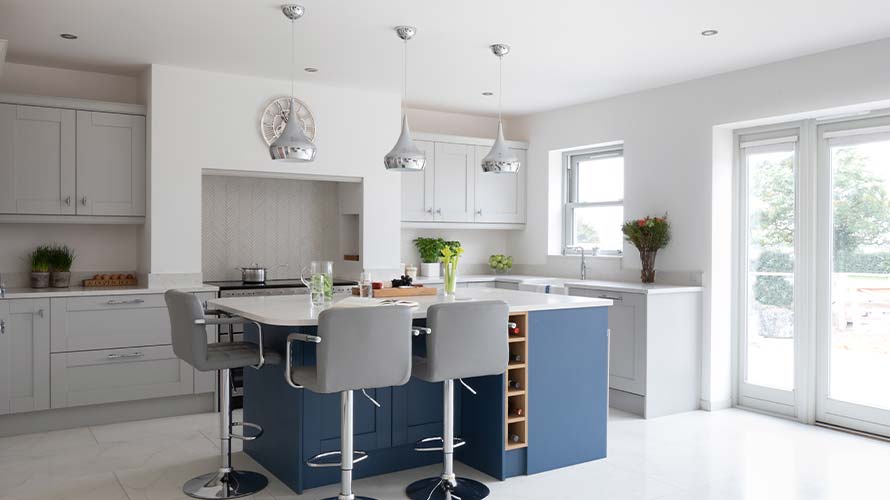 Contemporary shaker kitchen with blue kitchen island