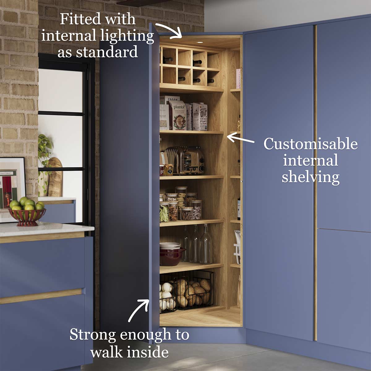 Lansbury corner kitchen pantry with open door and oak shelves