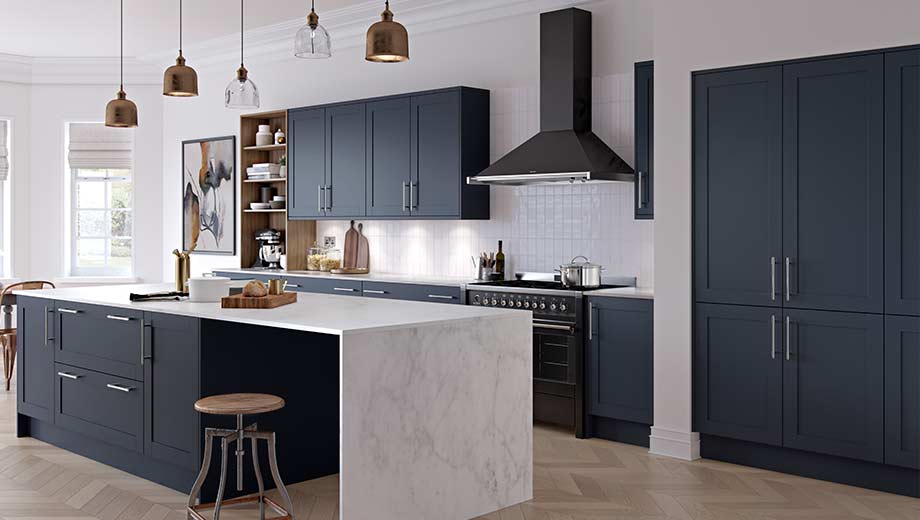 Navy shaker kitchen with white worktops