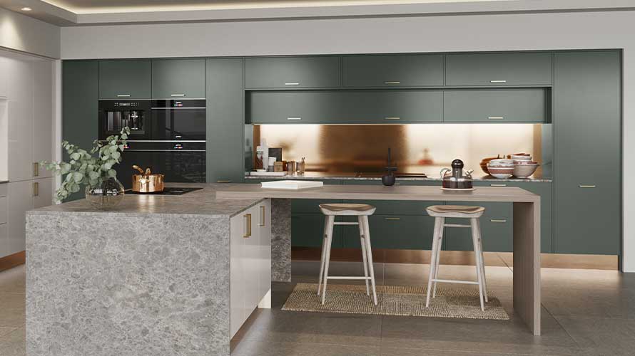 Modern dark green kitchen with metallic accents and stone effect finish