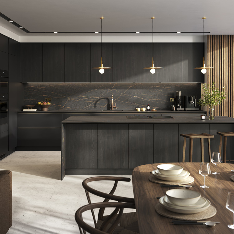 A black and wood kitchen with a rustic black and wood kitchen island