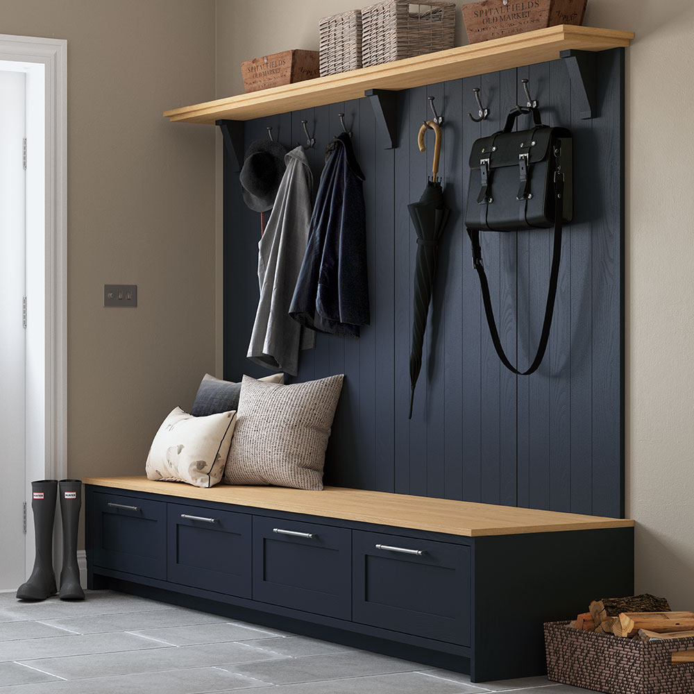 Boot room in Hardwick Oxford Blue with Portland Oak.