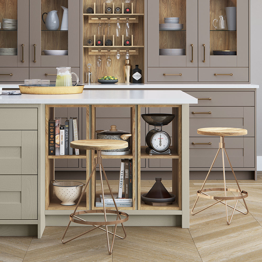 Island box open shelving in Portland Oak.