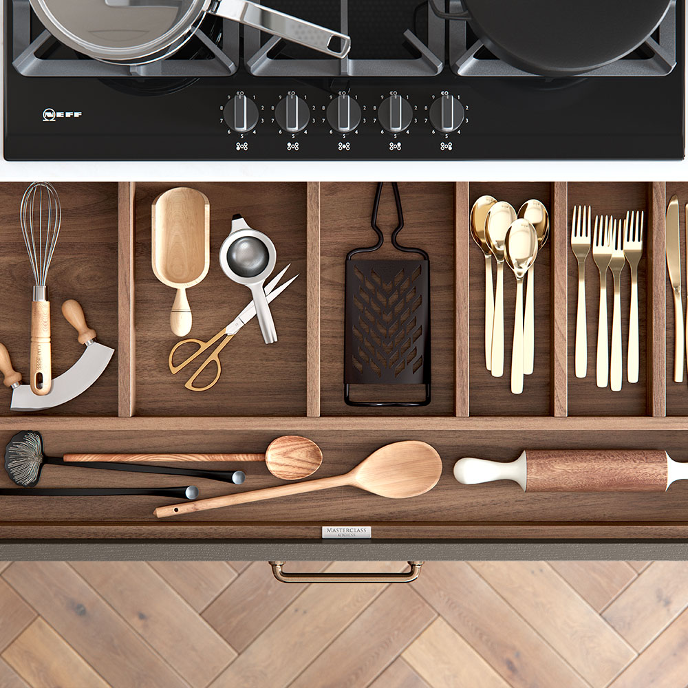 Wood effect cutley insert in Tuscan Walnut.