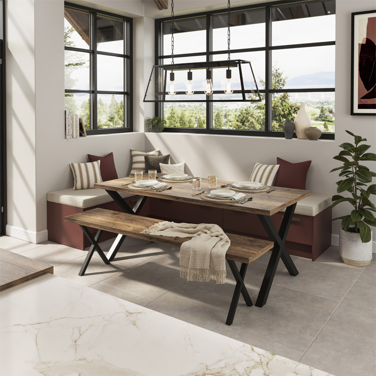 A red and pink kitchen scene featuring dusky pink kitchen ideas, like integrated seating