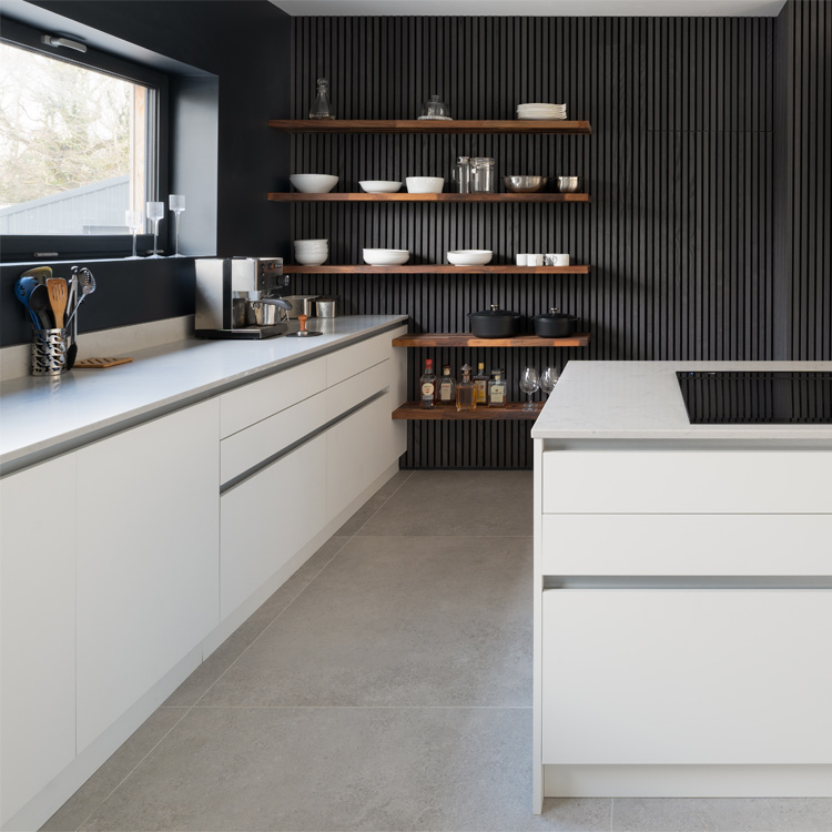 Dark grey handleless kitchen walls with lighter grey doors