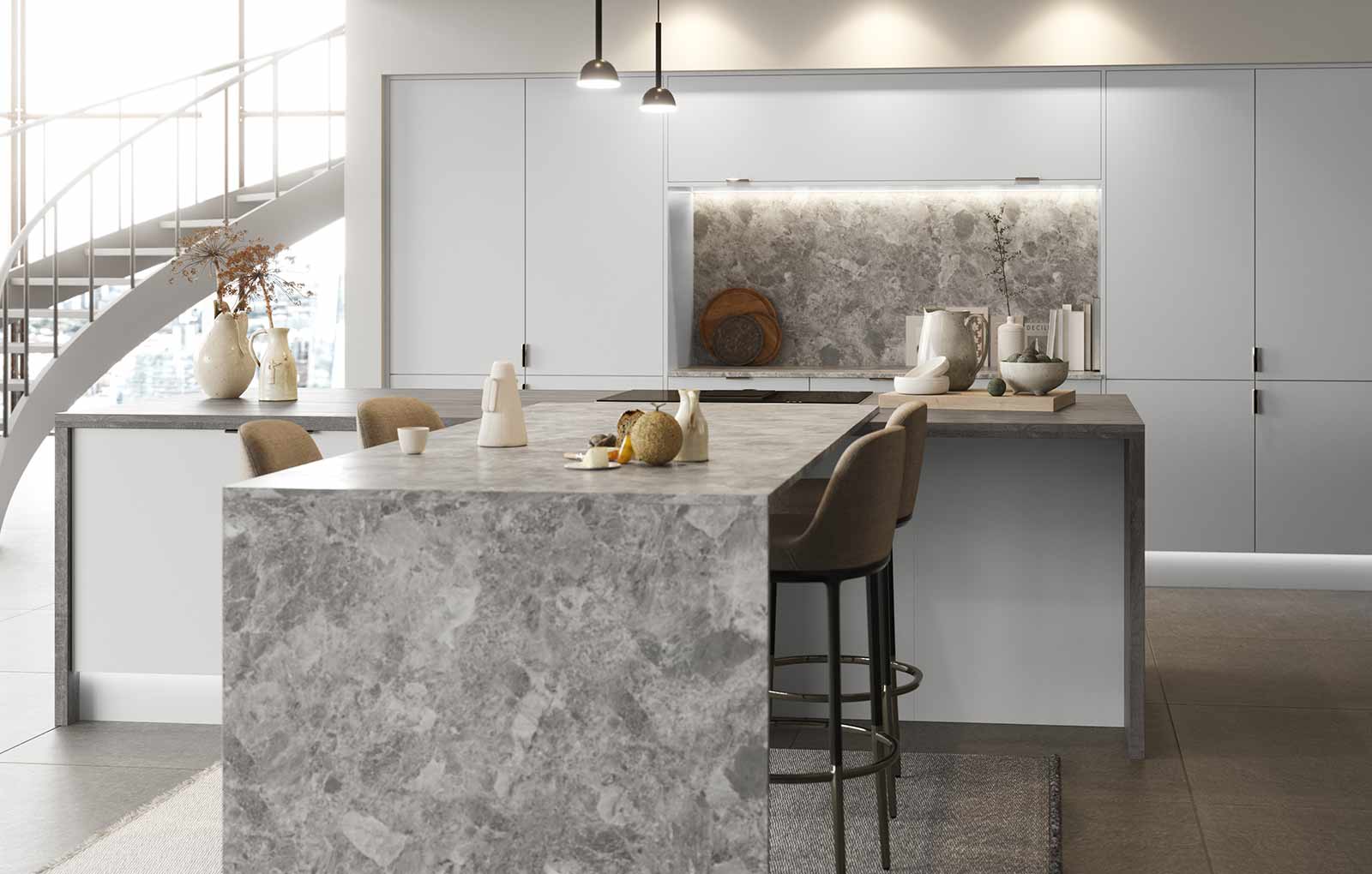 Modern grey stone effect kitchen with Earth Stone splashback and luxury laminate worktops
