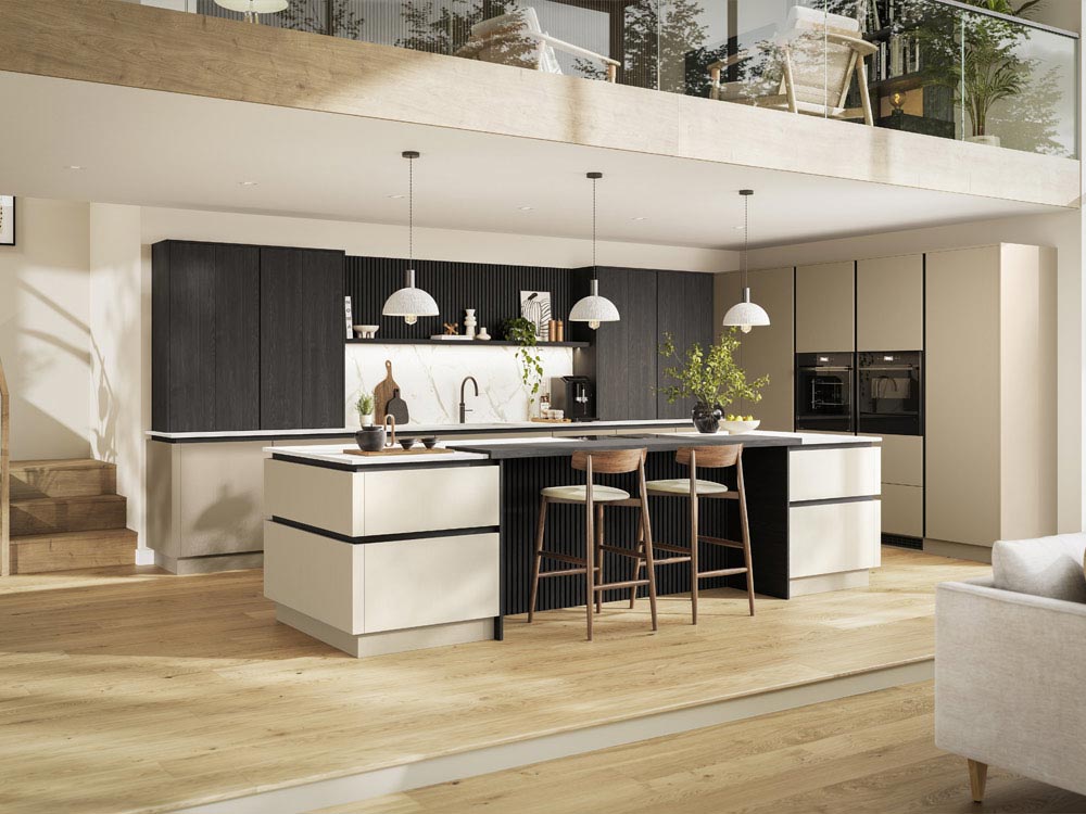 Handleless kitchen range with a big kitchen island with seating