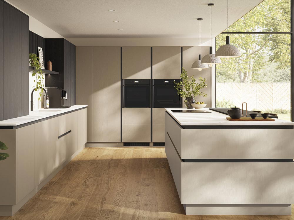 Handleless kitchen with light greige and dark wood cabinetry