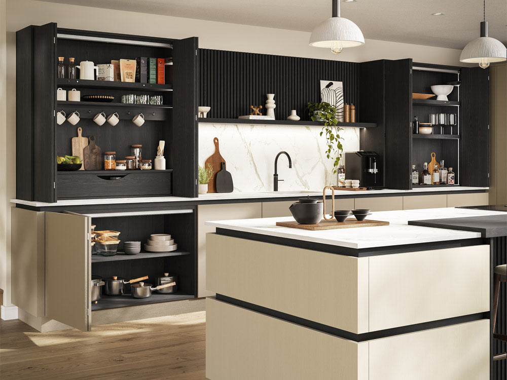 Handleless kitchen range with a black wood Breakfast Dresser and Country Dresser