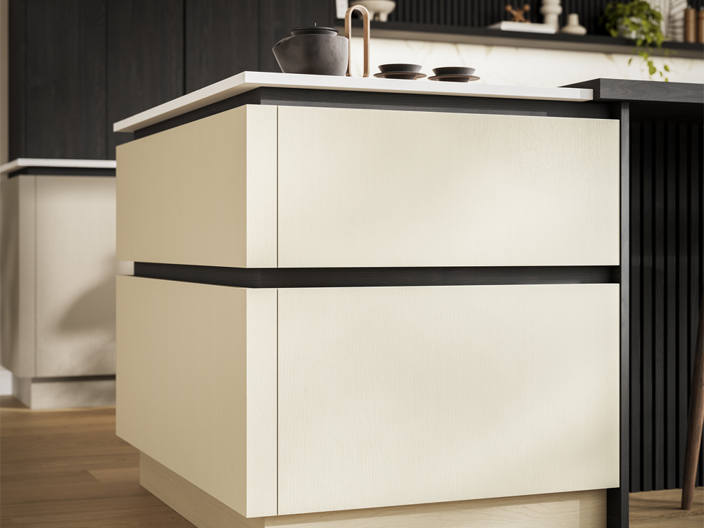 Handleless kitchen island with black handlerails and a white marble worktop
