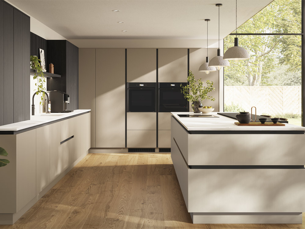 H-line Siena handleless kitchen in Highland Stone, Caramel and Espresso