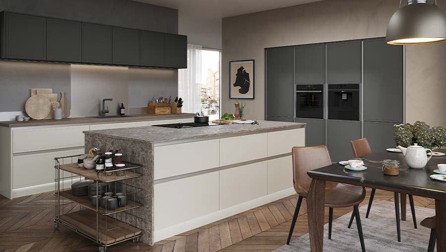 Handleless shaker kitchen featuring kitchen island