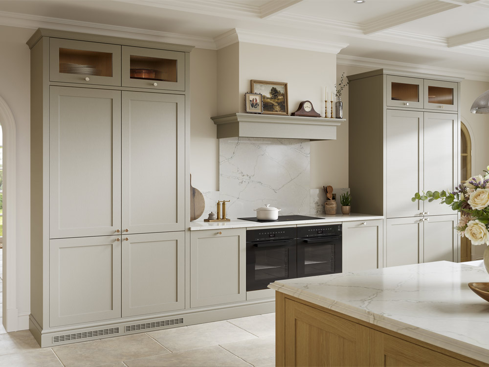 Hardwick Portland Oak kitchen units and hob mantle in Biscuit