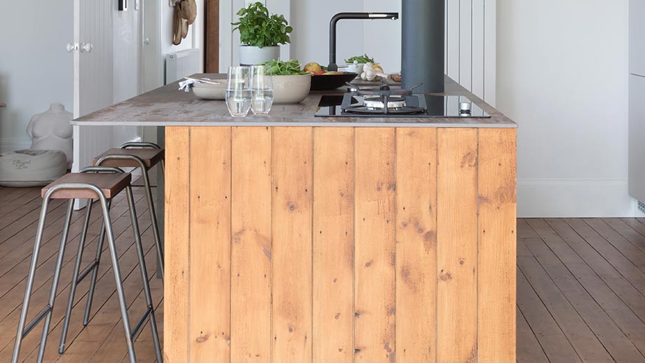 Industrial kitchen island with wood panelling