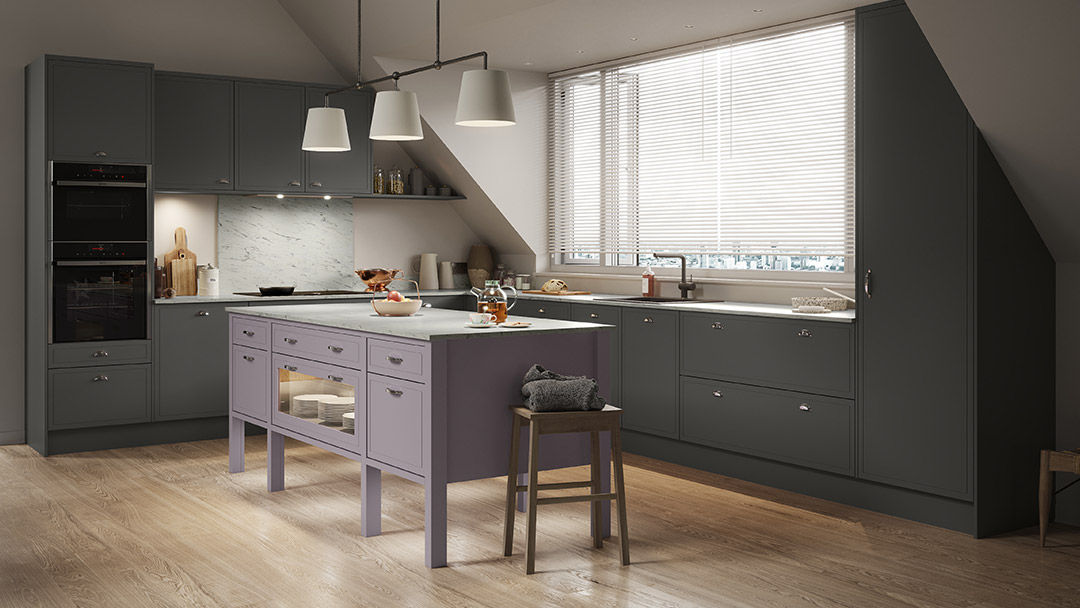 Melrose inframe effect kitchen in dark grey and purple
