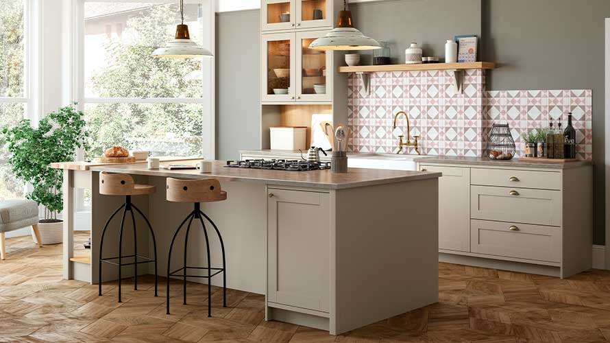 A warm grey shaker kitchen with kitchen island