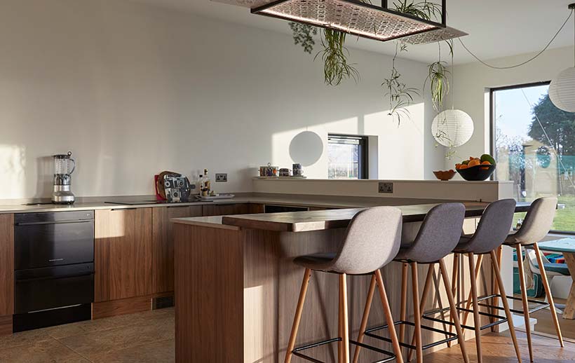 Kitchen peninsula in a modern kitchen with seating