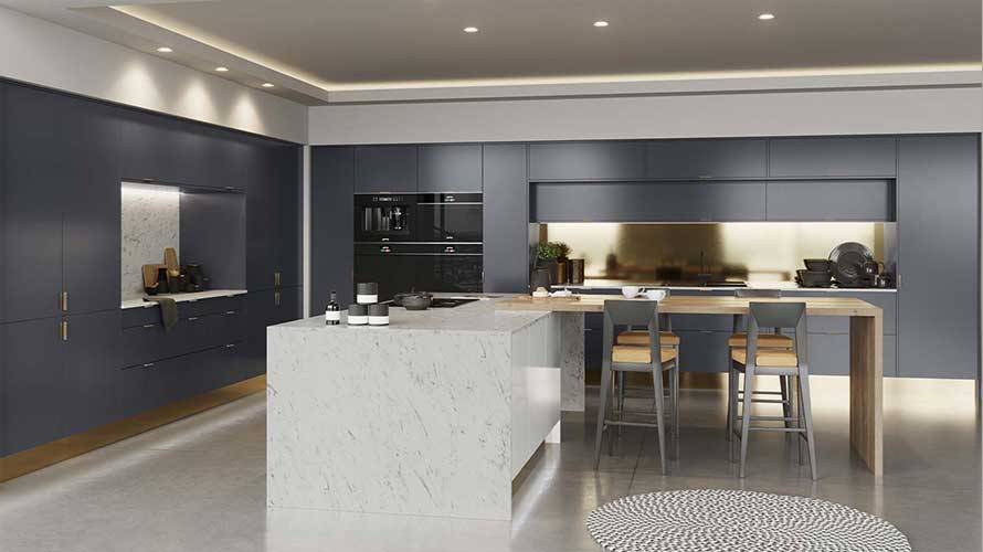 A modern kitchen with metallic accents