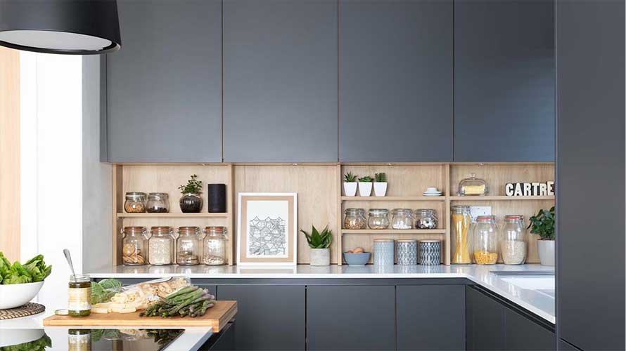 Wood open shelving in a modern kitchen