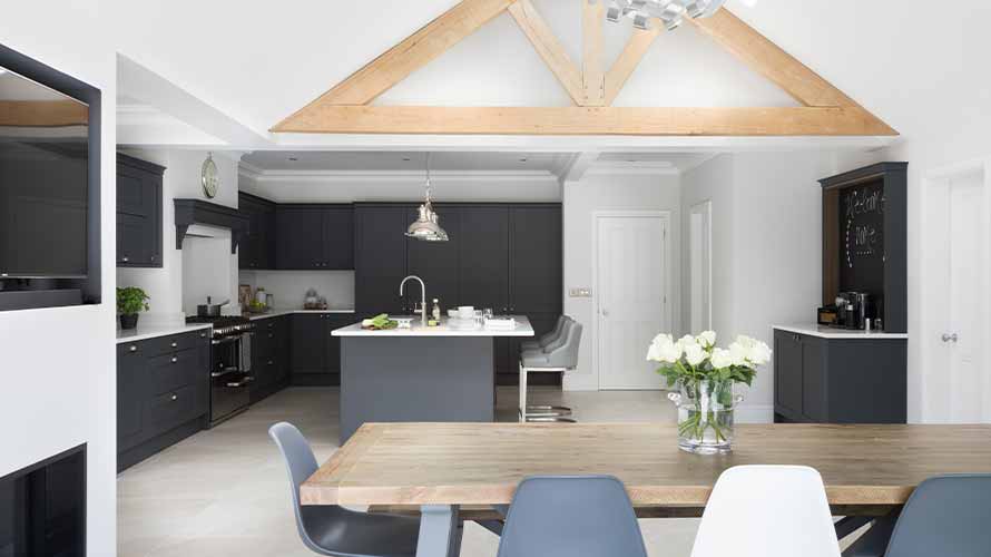 Dark grey shaker kitchen in an open plan space