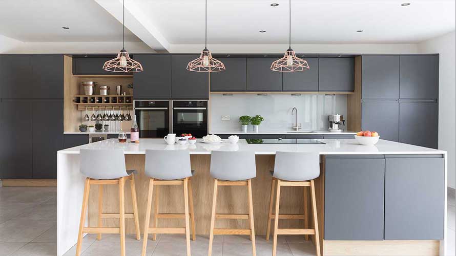 Large kitchen island in a modern handleless kitchen