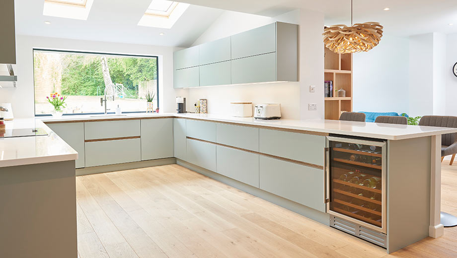 Light blue modern kitchen with open shelving
