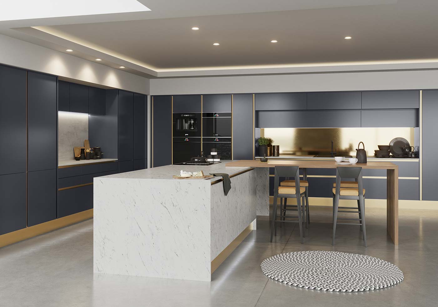 Blue kitchen with brass accents