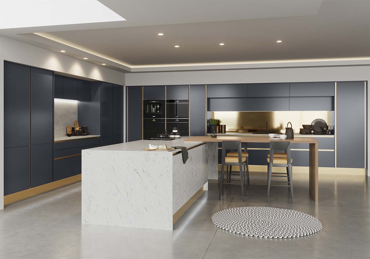 Blue handleless kitchen