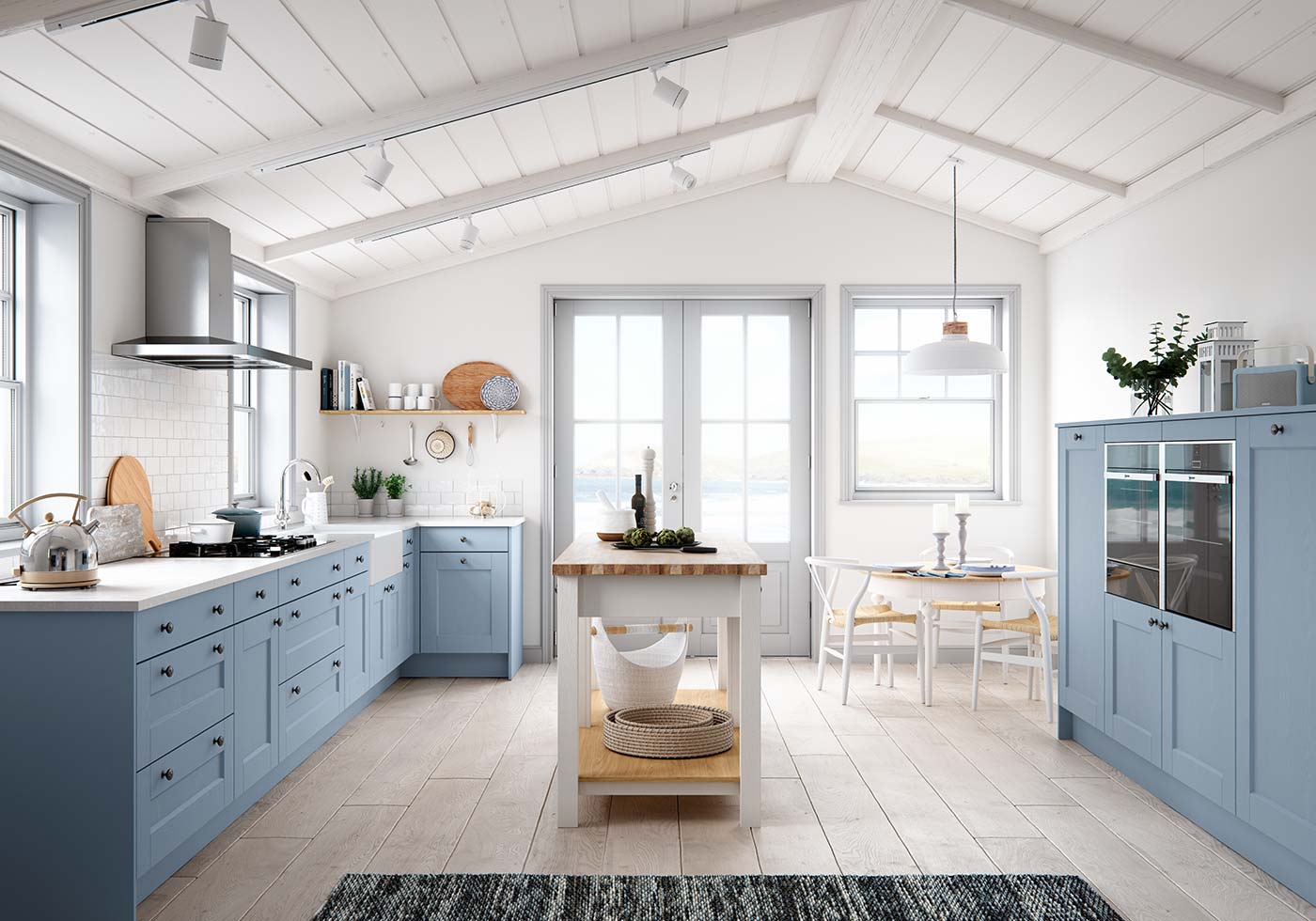 tan and light blue kitchen