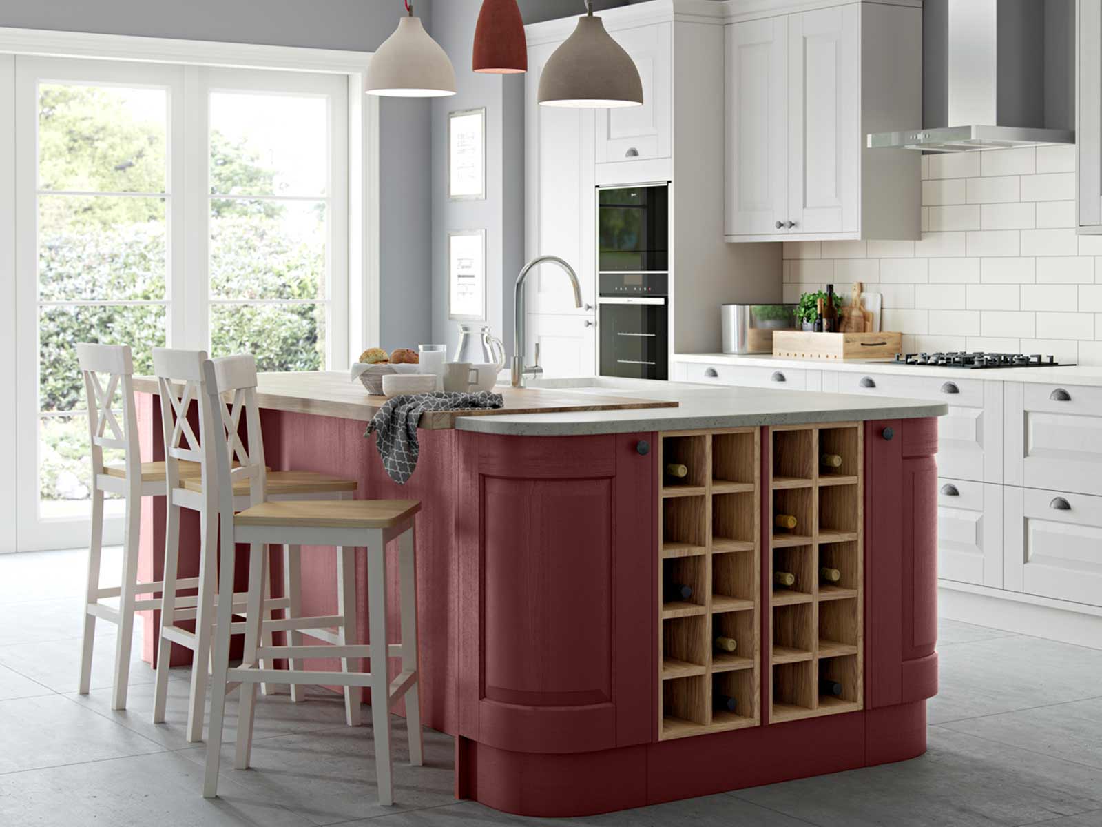 A perfect kitchen with curved doors and wine racks in a kitchen island
