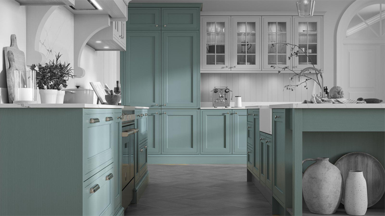 A turquoise kitchen with a grey and teal kitchen island