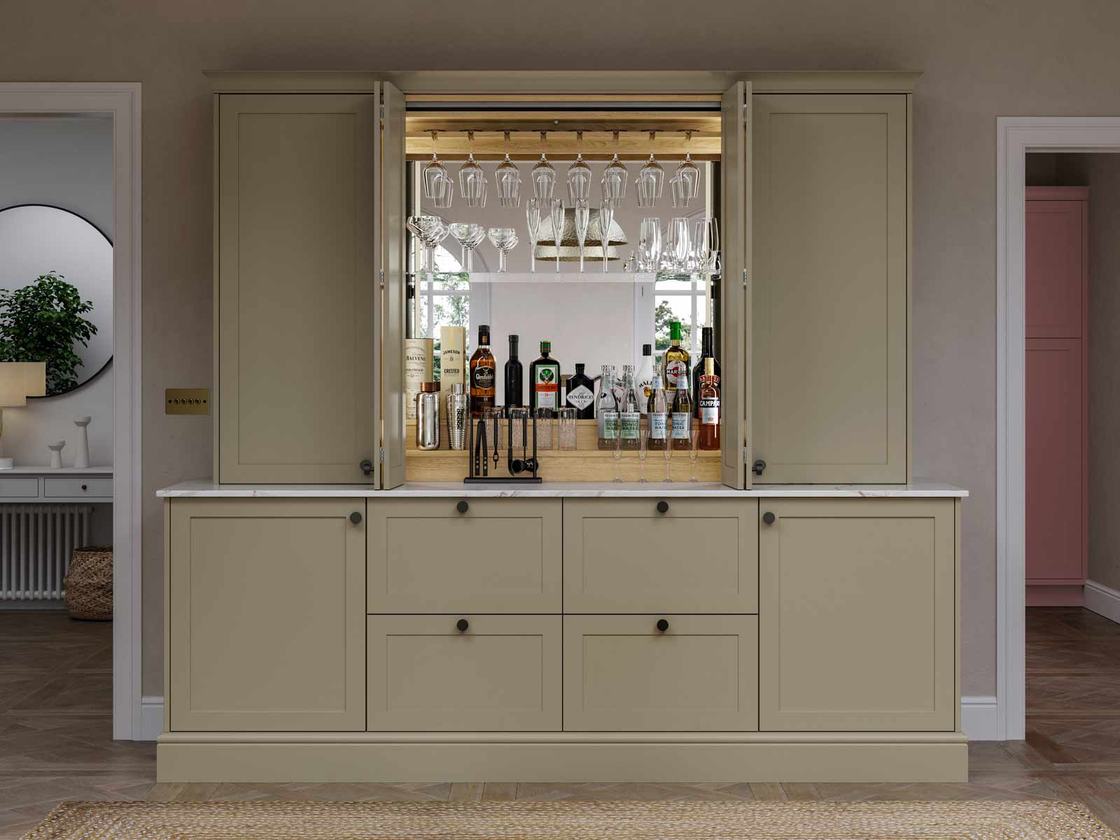 A Masterclass Bar Dresser housed in a modern sage green kitchen cabinetA Masterclass Bar Dresser housed in a modern sage green kitchen cabinet