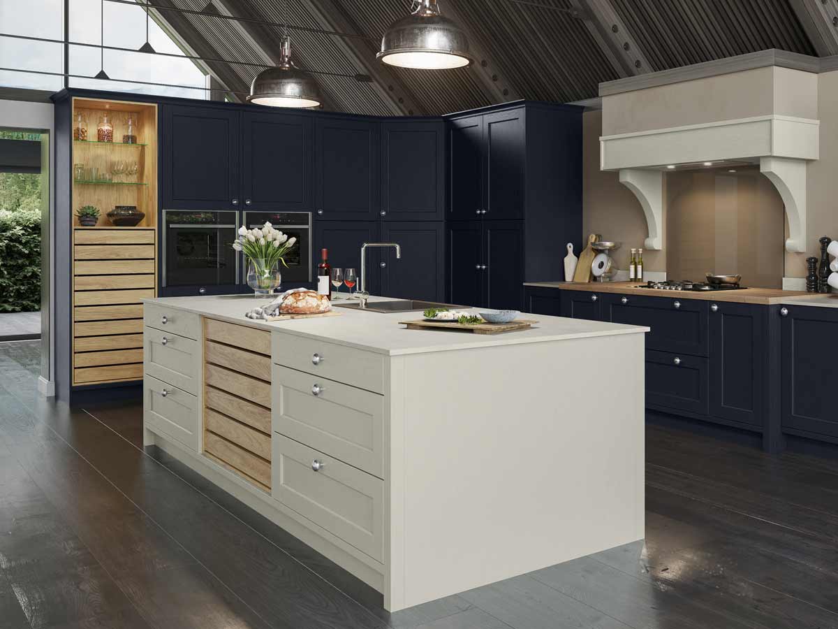 Spacious dark blue and grey kitchen design