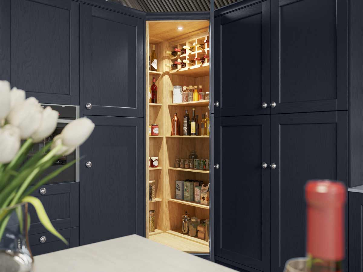 Stocked Lansbury corner pantry with Moonlight Blue doors