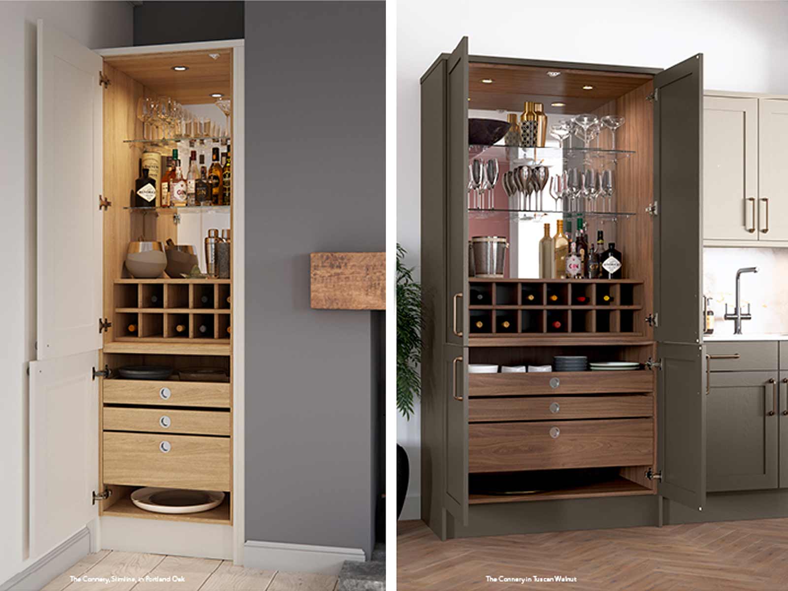 A slim Portland Oak modern drinks cabinet and a classic walnut cabinet