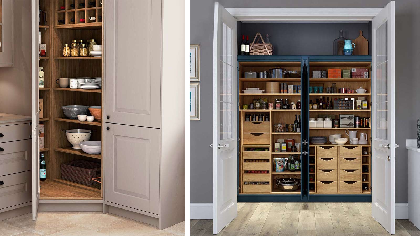 Corner kitchen pantry unit and a pantry shelving unit with pantry boxes