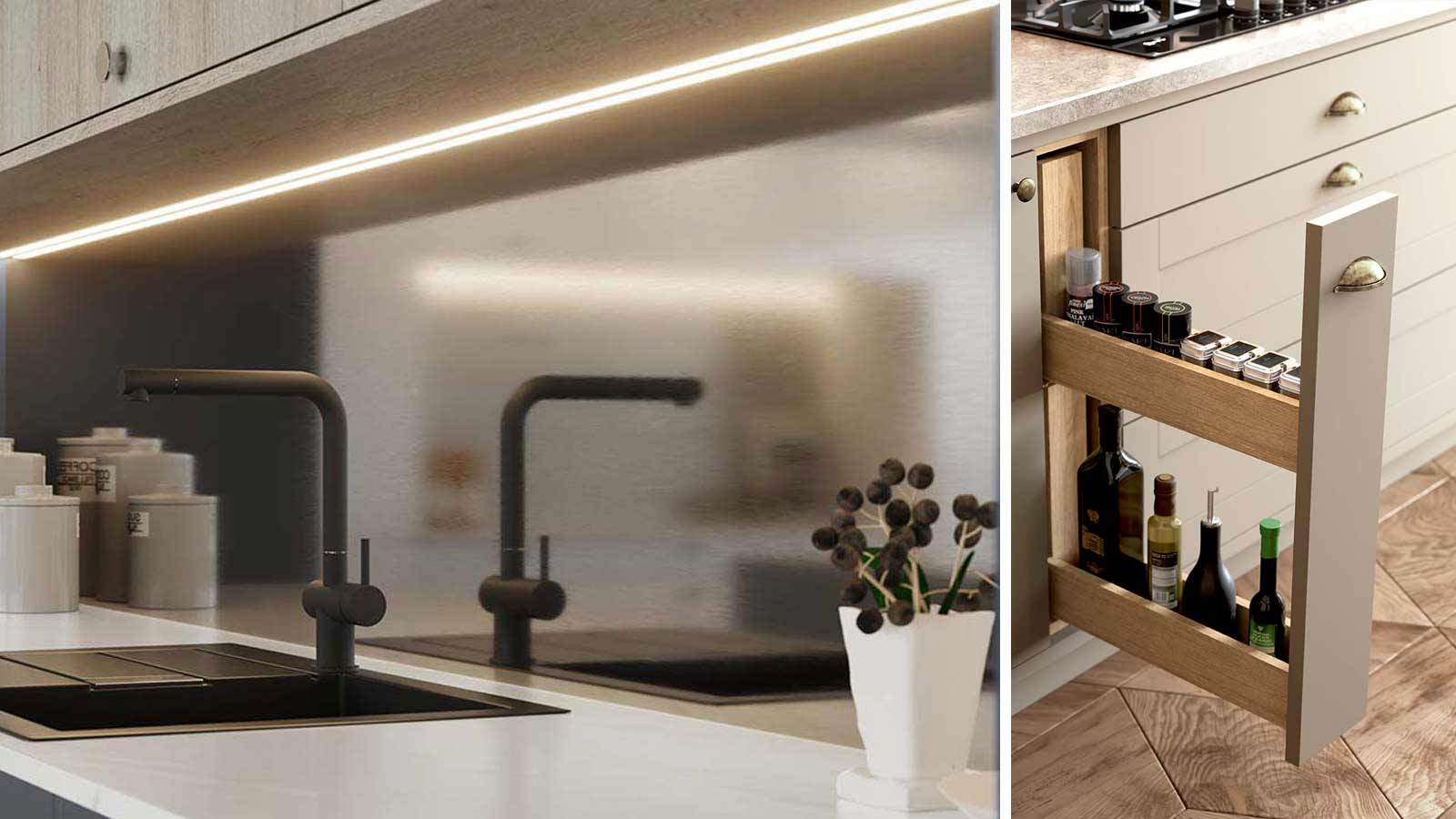 A metallic modern kitchen and slimline kitchen storage option