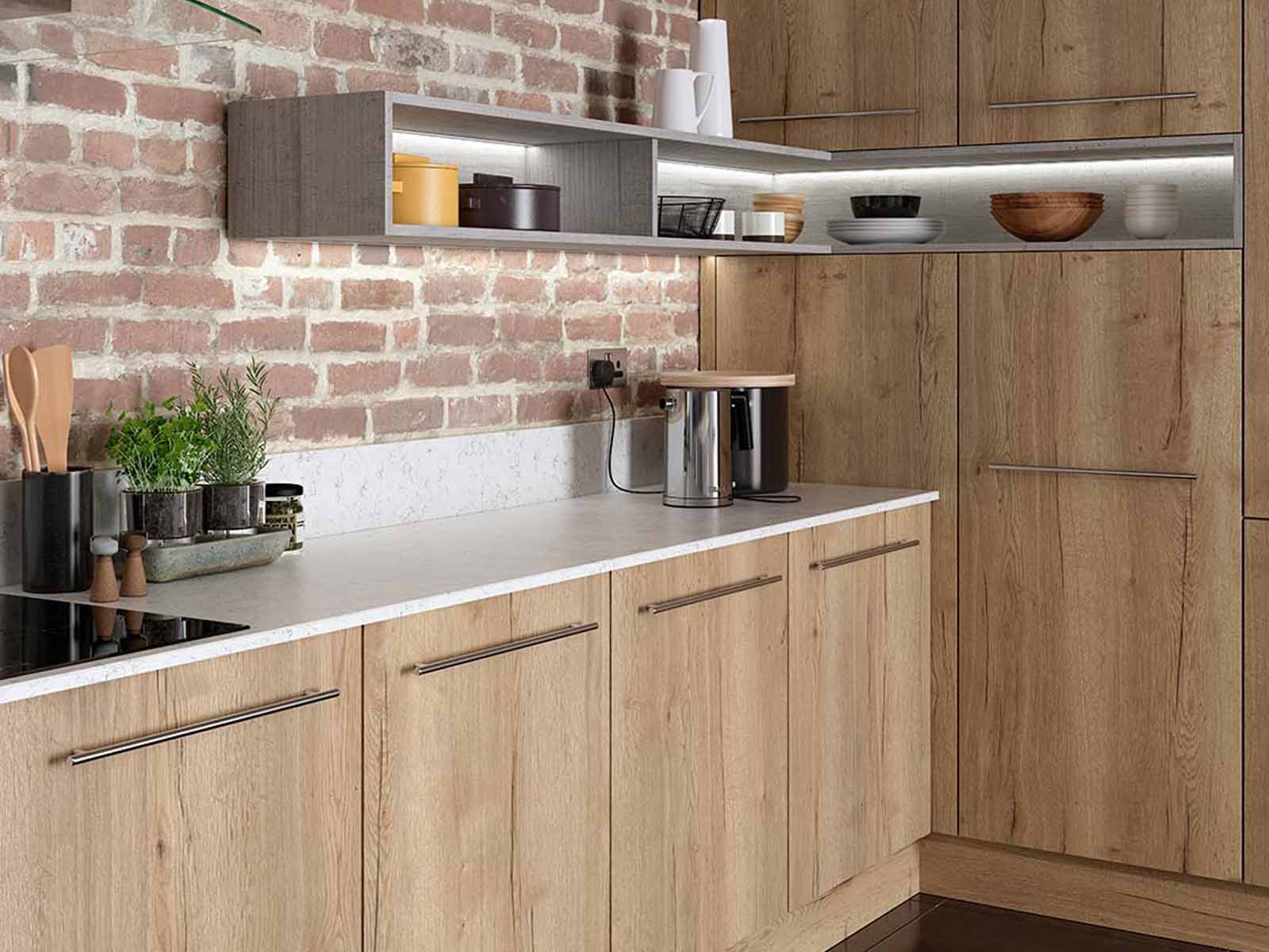 Open wood-effect shelves in a modern wooden and brick kitchen