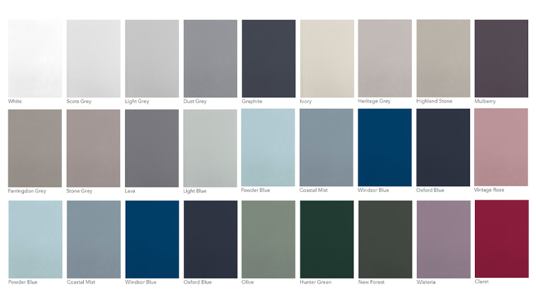 A selection of 27 cabinet door colours available for the Oxwich kitchen range