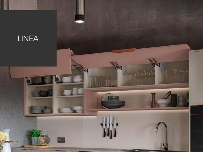 Salmon LineaPlus extra wide cabinets with folding doors and a white backsplash