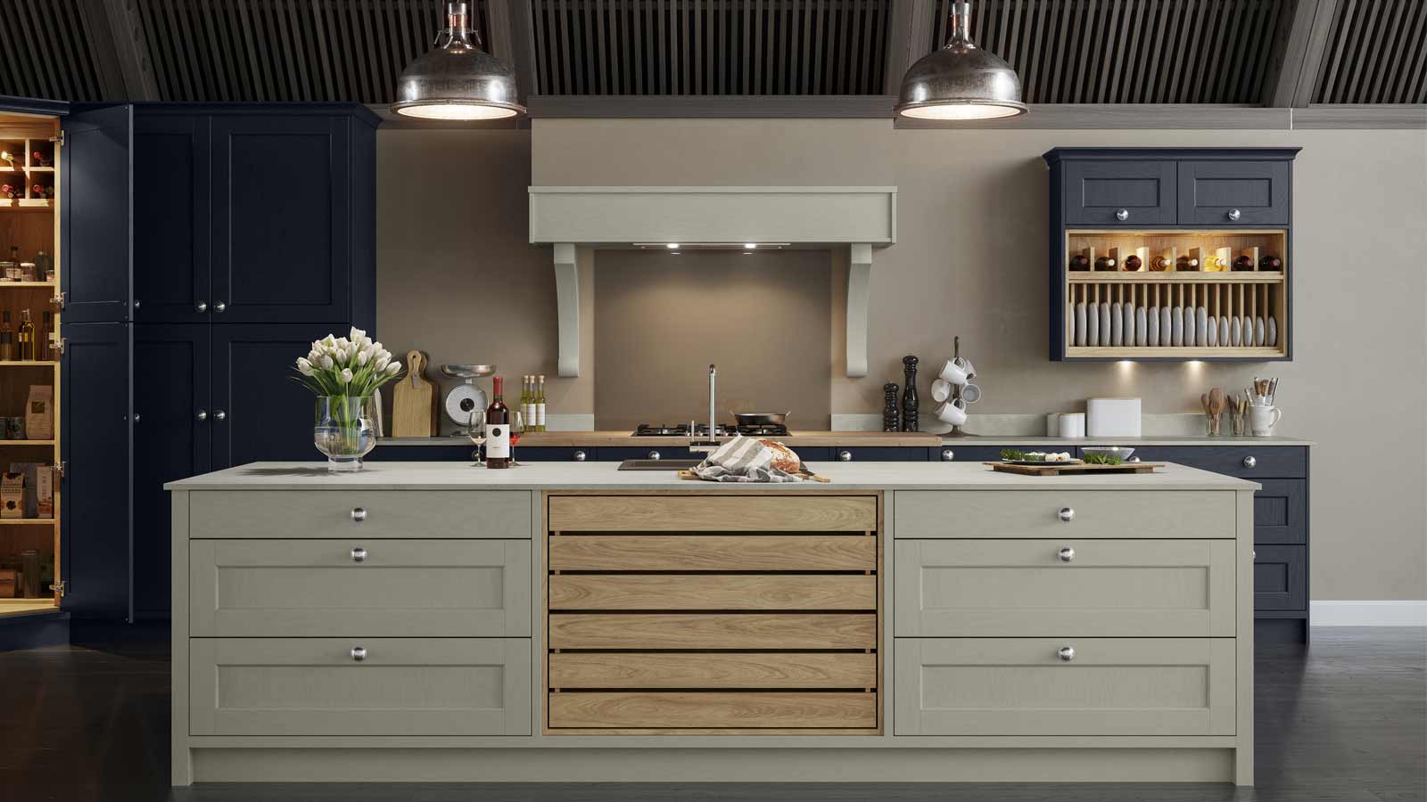 Traditional Hatfield moonlight blue kitchen with Highland Stone island