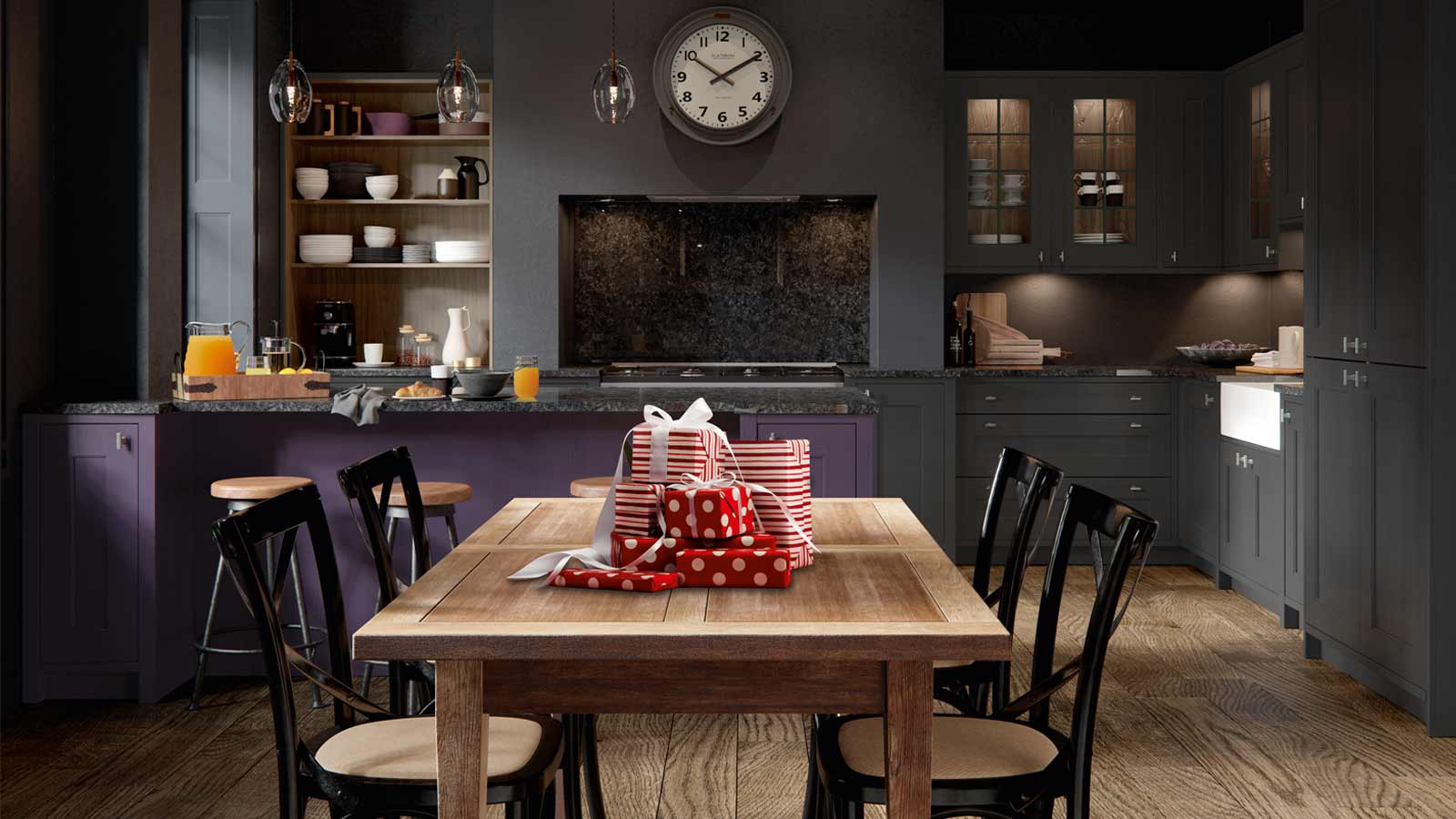 An Ashbourne Mulberry classic kitchen with dark grey doors and walnut cabinet