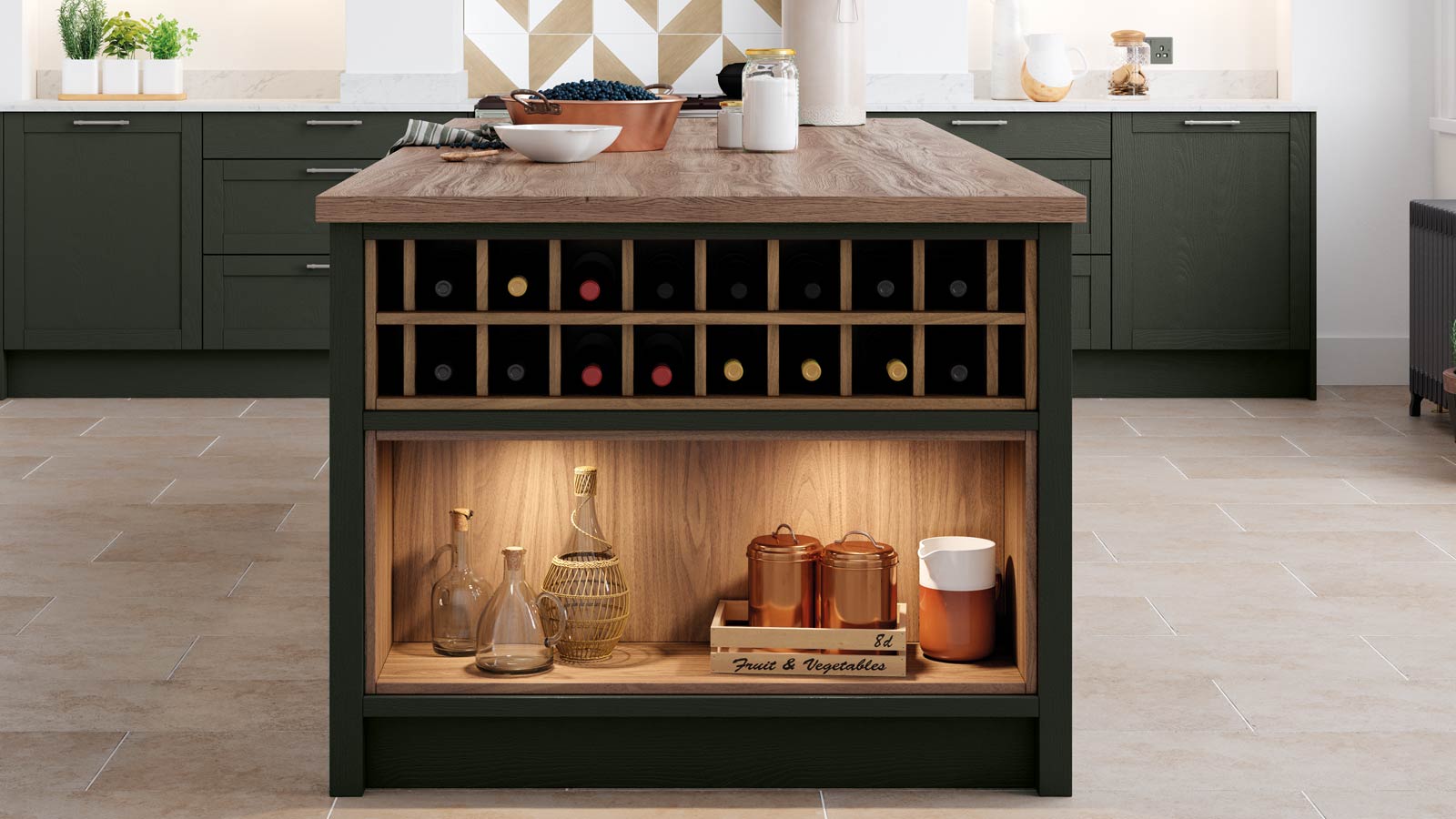Wall wine rack in a sage green Shaker-style kitchen island
