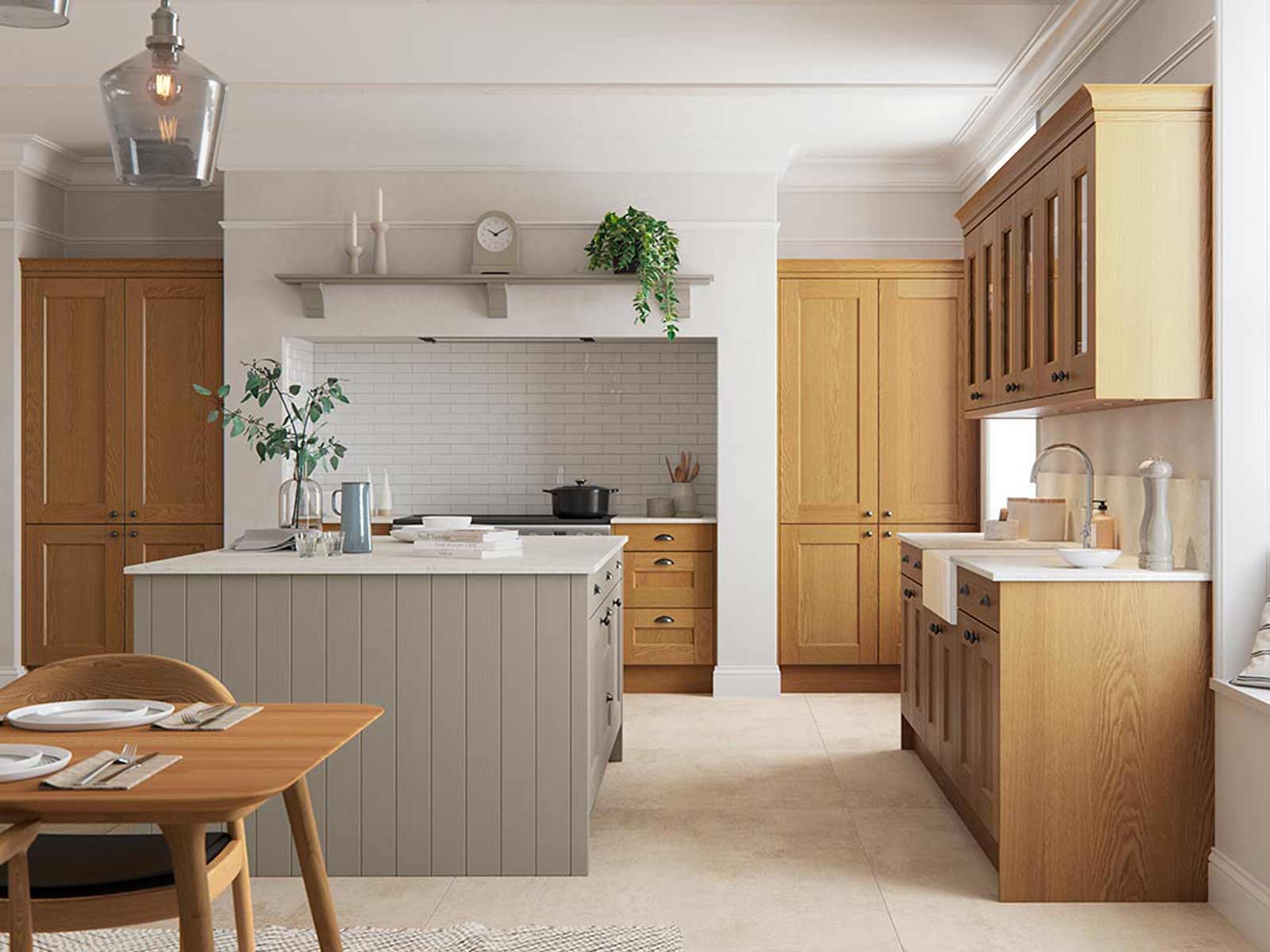 Modern light grey shaker kitchen island in oak kitchen