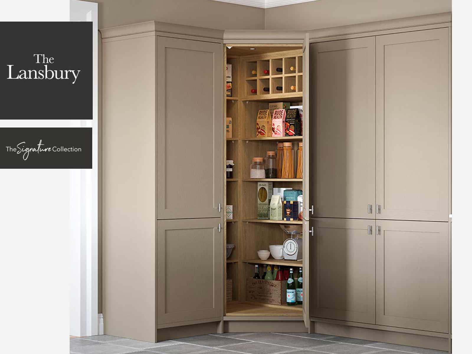 A Lansbury corner pantry with light grey full height kitchen cabinet