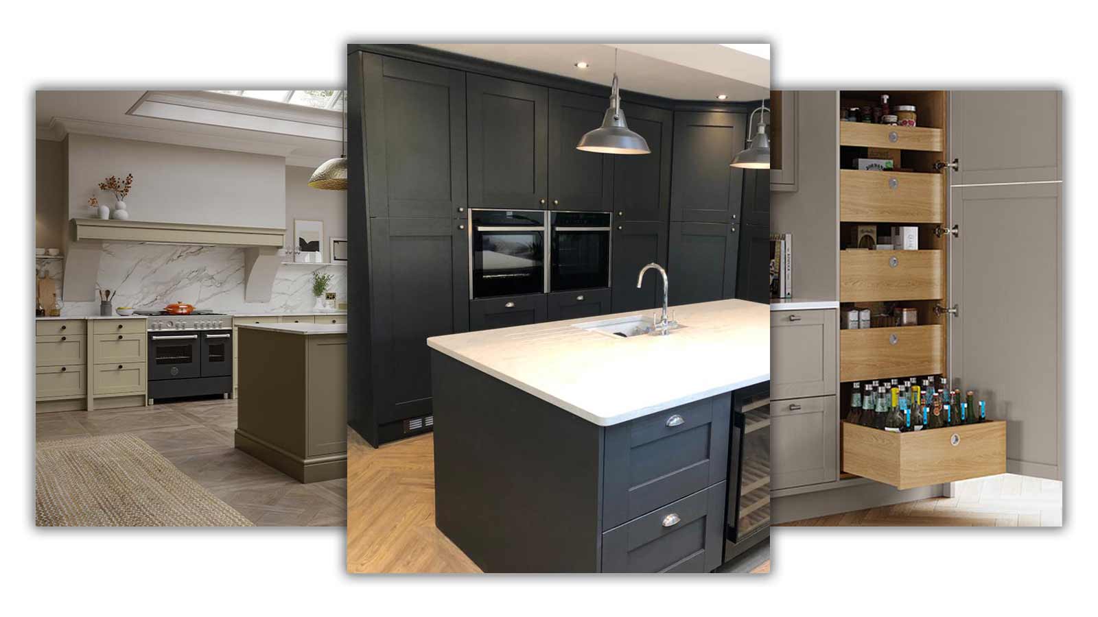 A display of three shaker kitchens with different cabinet door colours