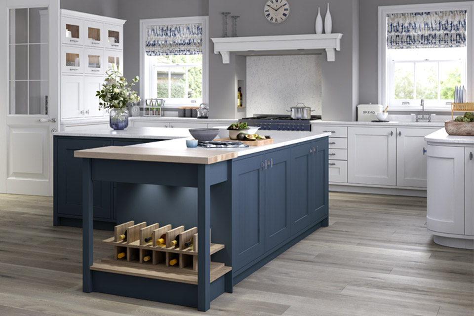 Navy blue kitchen with a navy kitchen island