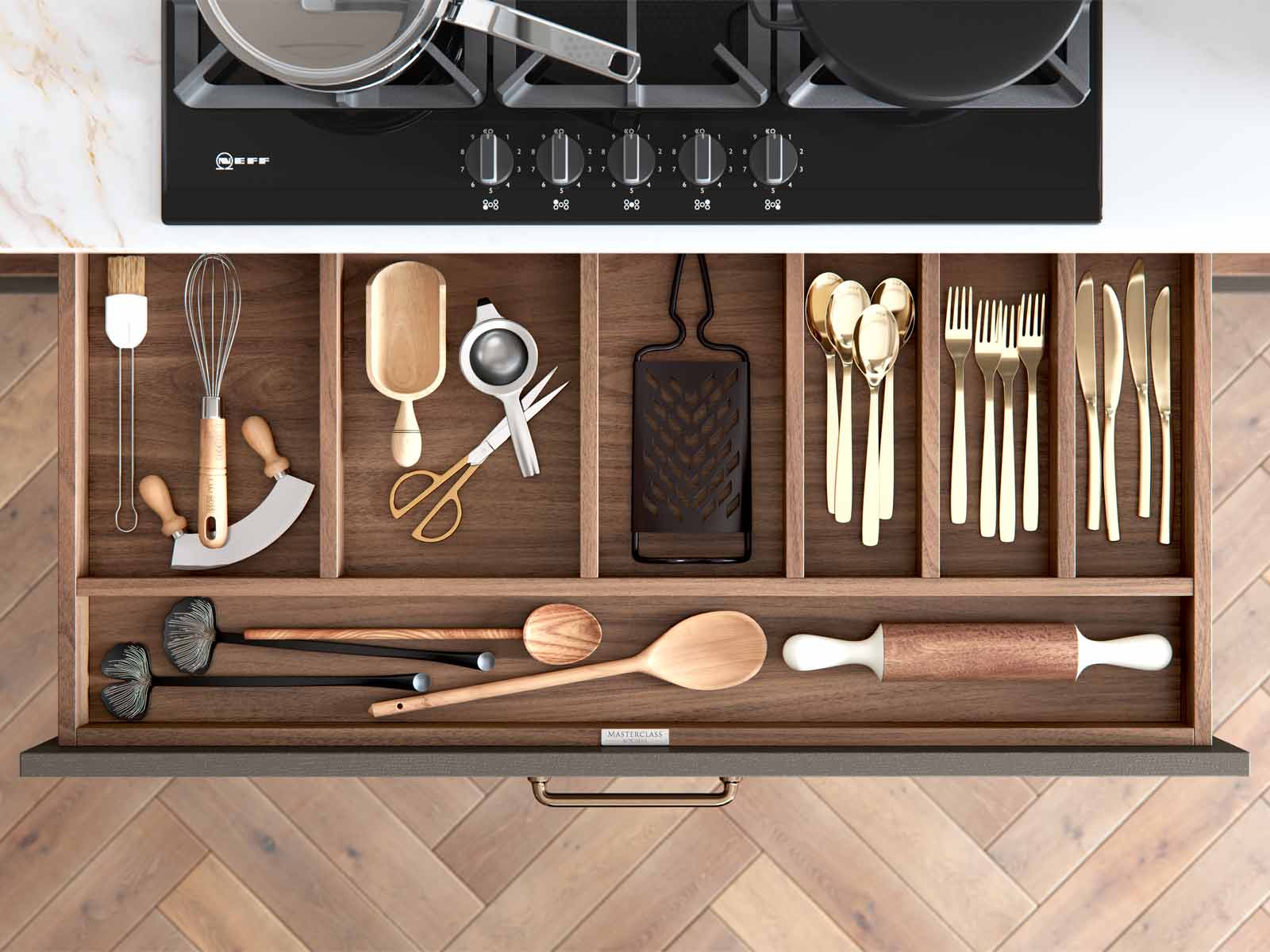 A walnut timber wooden cutlery tray in a kitchen cabinet drawer