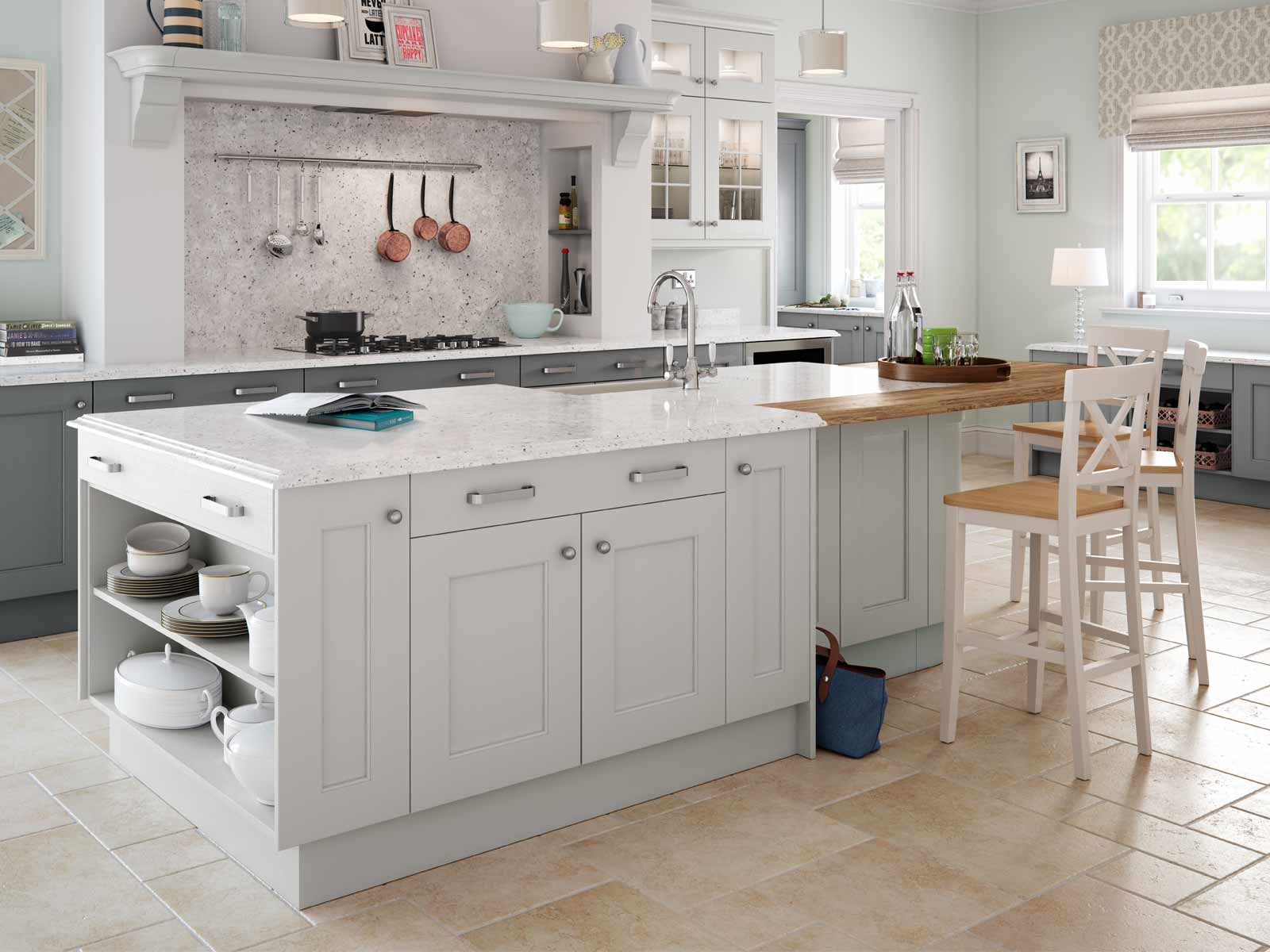 A kitchen island with a chunky rustic wood dining table bar and island barstools